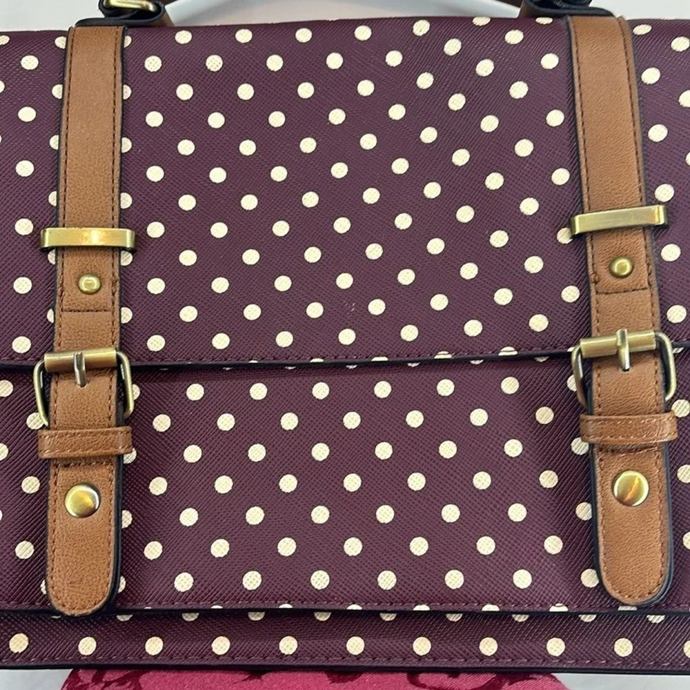 Burgundy Polka Dot Satchel Bag Tan Trim Crossbody Messenger‎ Top Handle Retro